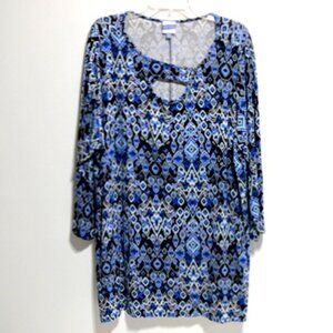 Meri Skye Women’s Multicolored Geometric Print 3/4 Sleeve Keyhole Neck Top – 3X